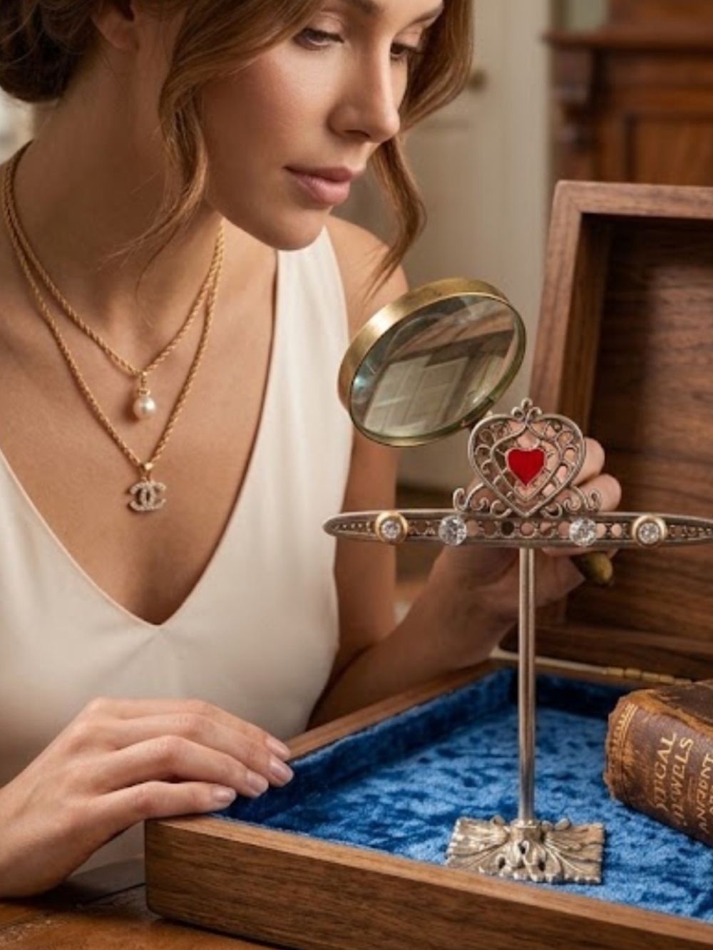 Gold-Tone Heart Pendant Necklace with Red Enamel Accent